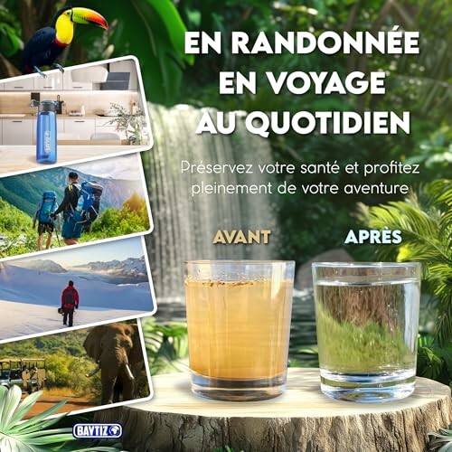 Comparaison de l'eau avant et après purification avec un décor de nature.