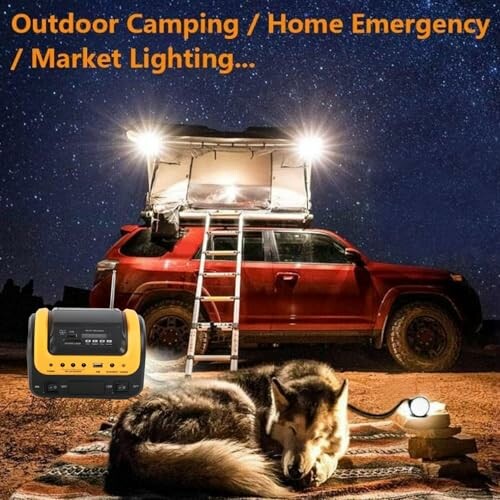 Voiture de camping avec lumière extérieure et chien endormi