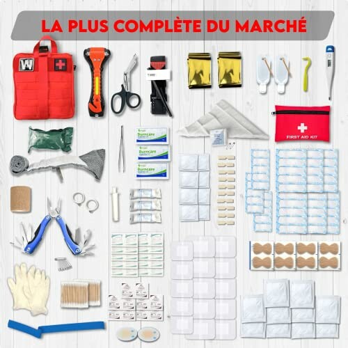 Kit de premiers secours complet avec divers articles médicaux.