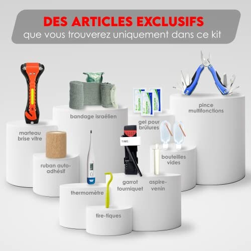 Kit d'urgence avec divers articles comme marteau brise-vitre, bandage israélien, thermomètre et pince multifonctions.