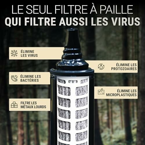 Filtre à paille qui élimine virus, bactéries, protozoaires, microparticules et métaux lourds.