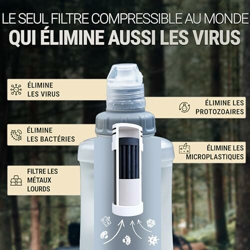 Bouteille avec filtre qui élimine virus, bactéries, protozoaires et microplastiques.