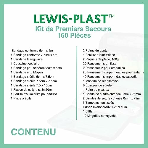 Contenu du kit de premiers secours Lewis-Plast de 160 pièces.