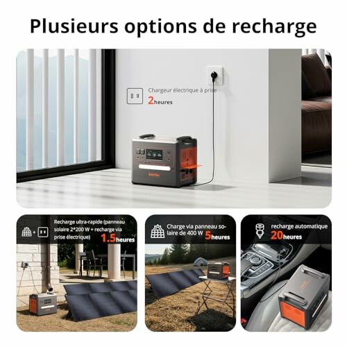 Station de charge avec plusieurs options de recharge, y compris panneau solaire et prise électrique.