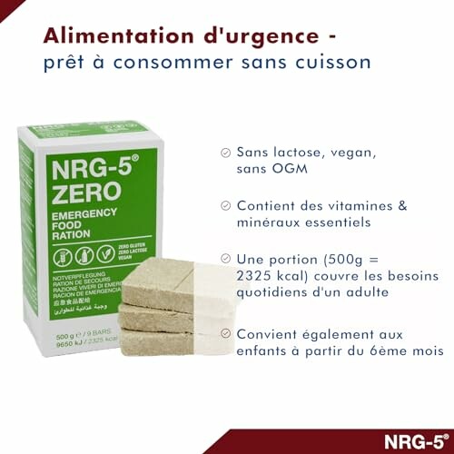 Ration alimentaire d'urgence NRG-5 Zero sans lactose et vegan.