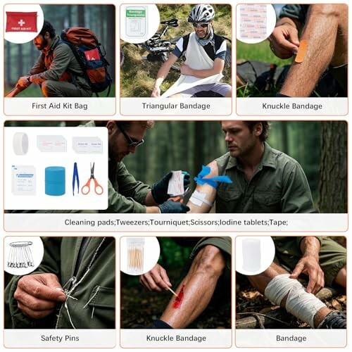 Kit de premiers secours utilisé en plein air avec bandages et fournitures médicales.