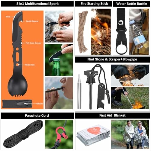 Outils de survie en plein air avec cuillère multifonction, bâton de feu, boucle de bouteille, pierre à feu, corde parachute et couverture de secours.