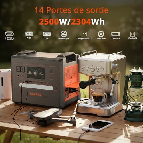 Station d'alimentation solaire alimentant une machine à café et un drone.